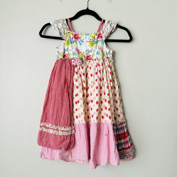 Lydia Jane Red Gingham Floral Patchwork Off the Shoulder Apron Dress kid 6 - Picture 1 of 9